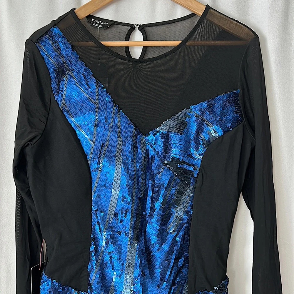Bebe NWT Sexy Black/Blue Sequins Mesh Long Sleeve Dress **Size L**🔥🔥 - Picture 3 of 4